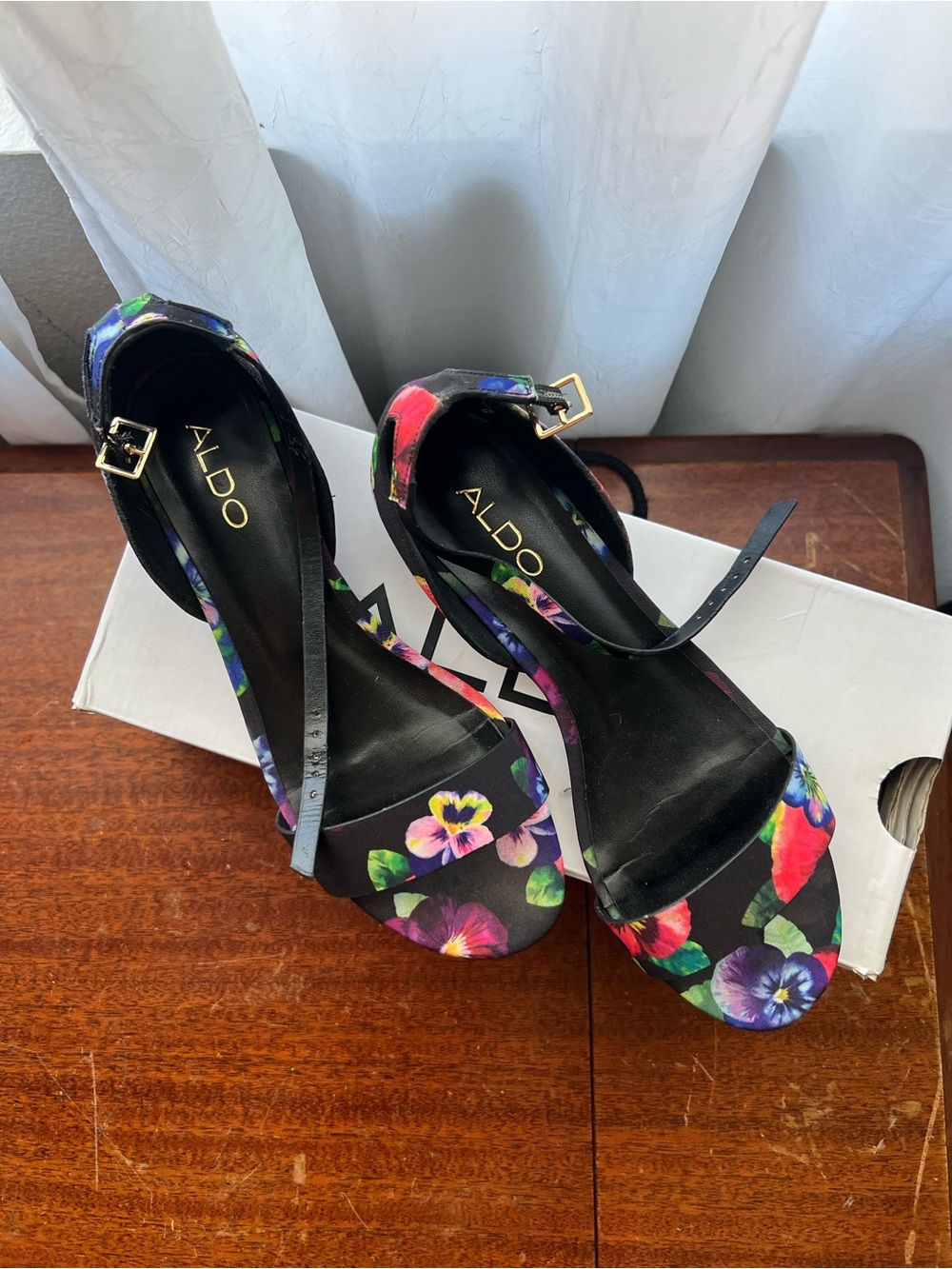 ALDO Black Floral Ankle-Strap Platform Heels
